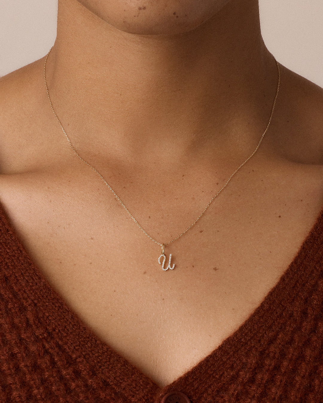 Diamond Script Alphabet Charm || option::14K Solid Gold, U