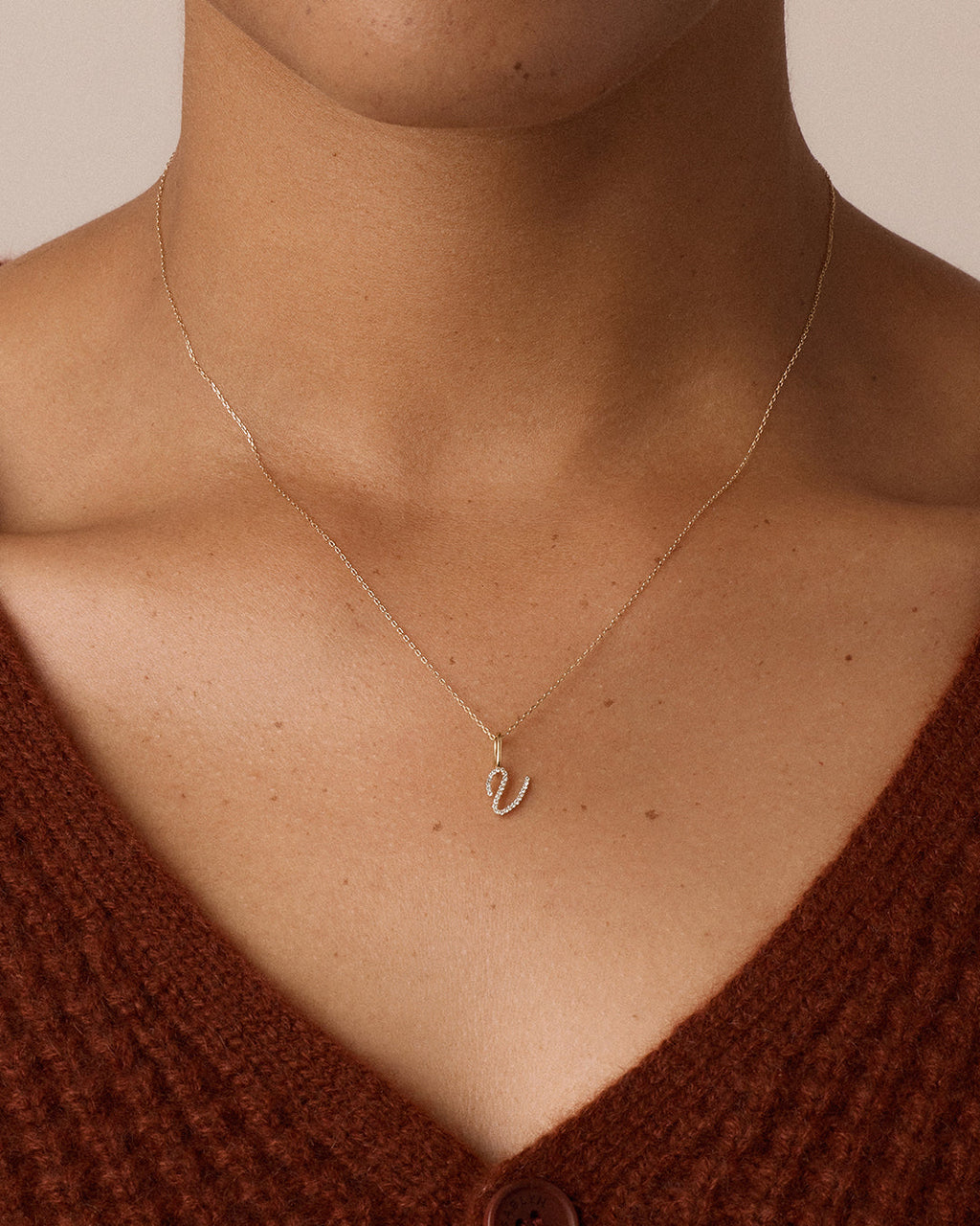 Diamond Script Alphabet Charm || option::14K Solid Gold, V