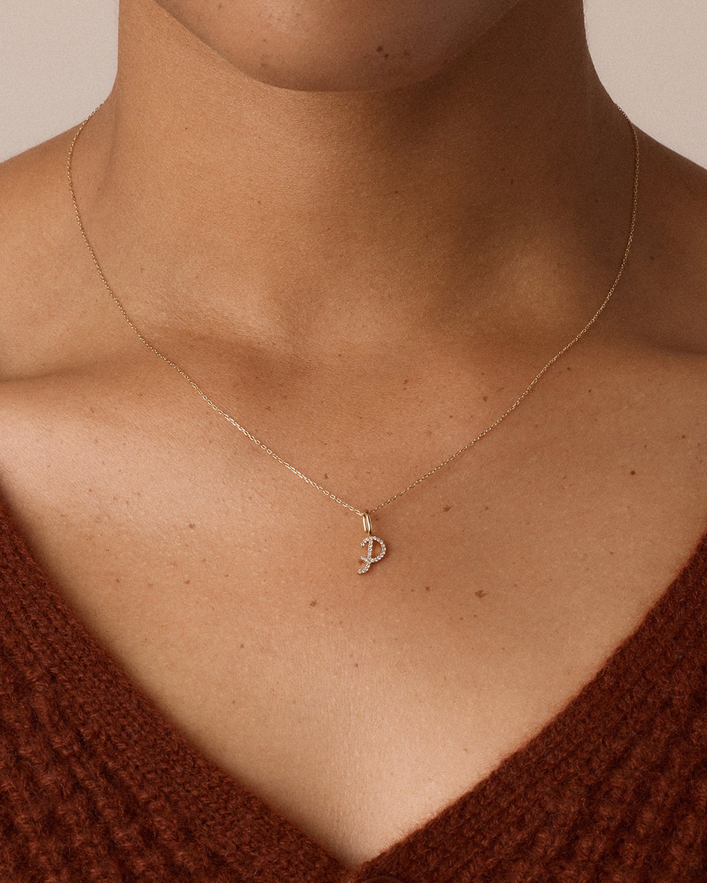 Diamond Script Alphabet Charm || option::14K Solid Gold, P