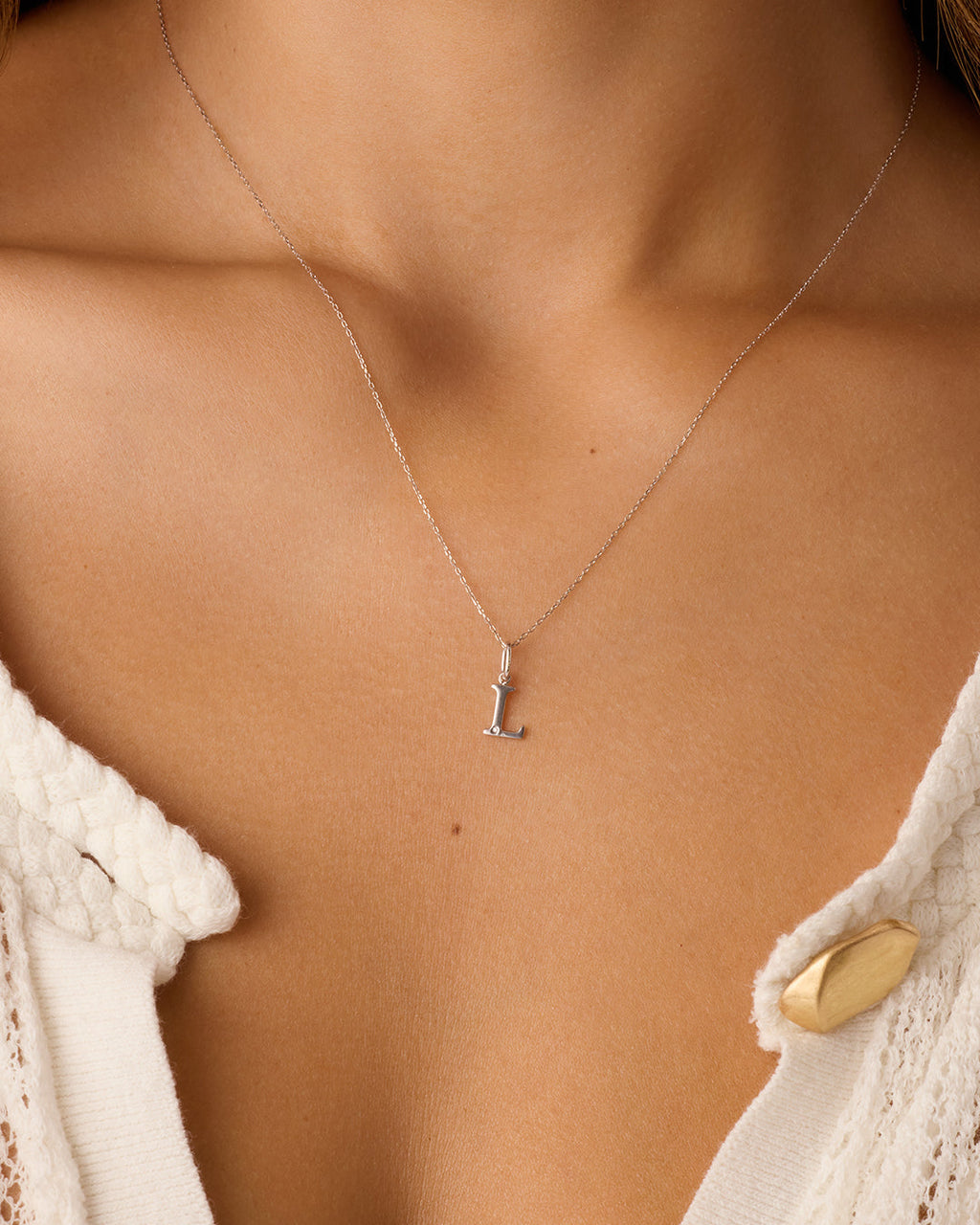 Diamond Vintage Alphabet Charm || option::14K Solid White Gold, L
